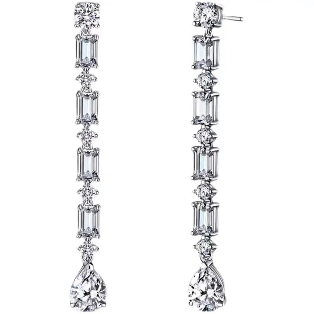 Long Silver Zircon Dangle Earrings - Picture 4 of 7